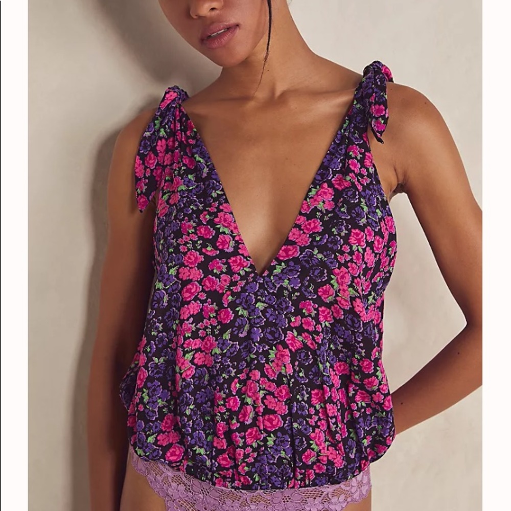 Free People Bare It All Bodysuit Floral Boho Purple Pink Party Blouse XS